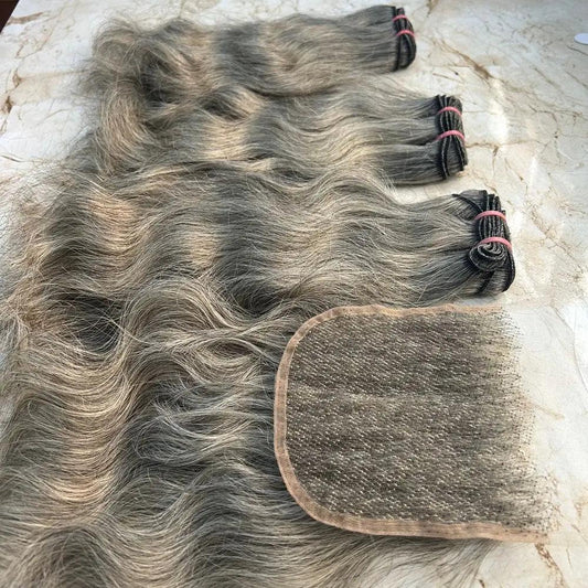 Gray human hair bundles with closure